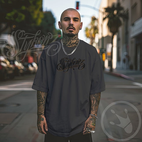 Men's Graffiti Oversized Faded T-Shirt XL Embroidered Black n Gold Scriptkonz | Hip - Hop Streetwear T-Shirt - Stykonz Graffiti Streetwear