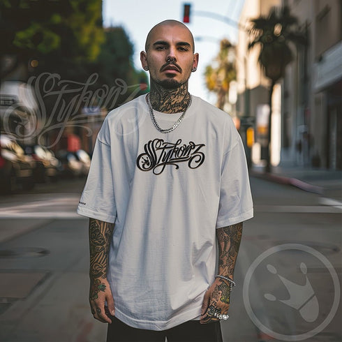 Men's Graffiti Oversized Faded T-Shirt XL Embroidered Black n Gold Scriptkonz | Hip - Hop Streetwear T-Shirt - Stykonz Graffiti Streetwear