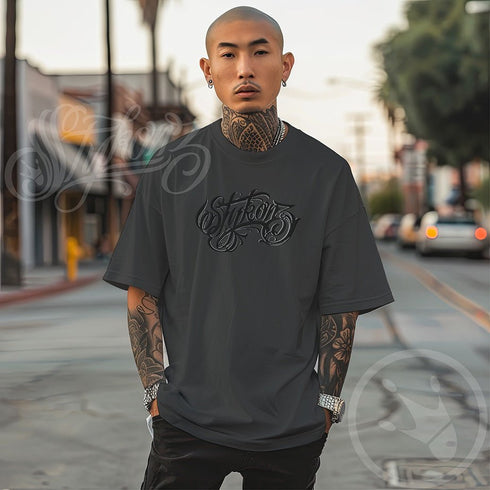 Men's Graffiti Oversized Faded T-Shirt XL Embroidered BW Scriptkonz | Hip - Hop Streetwear T-Shirt - Stykonz Graffiti Streetwear