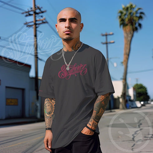 Men's Graffiti Oversized Faded T-Shirt XL Embroidered Hot Pink Scriptkonz | Hip - Hop Streetwear T-Shirt - Stykonz Graffiti Streetwear