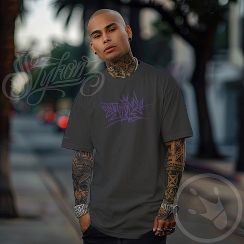 Men's Graffiti Oversized Faded T-Shirt XL Embroidered Stykonz feat Purpz Crown Tagz | Hip - Hop Streetwear T-Shirt - Stykonz Graffiti Streetwear