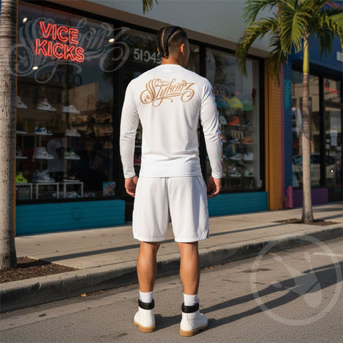 Men's Graffiti Rash Guard Gold on White Scriptkonz | Hip - Hop Streetwear Rash Guard - Stykonz Graffiti Streetwear