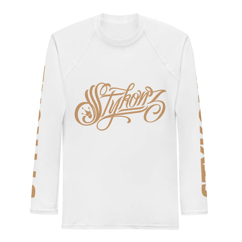 Men's Graffiti Rash Guard Gold on White Scriptkonz | Hip - Hop Streetwear Rash Guard - Stykonz Graffiti Streetwear