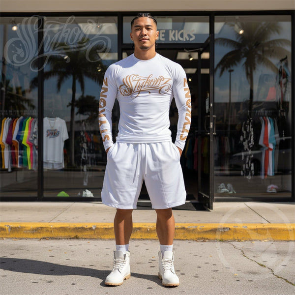 Men's Graffiti Rash Guard Gold on White Scriptkonz | Hip - Hop Streetwear Rash Guard - Stykonz Graffiti Streetwear