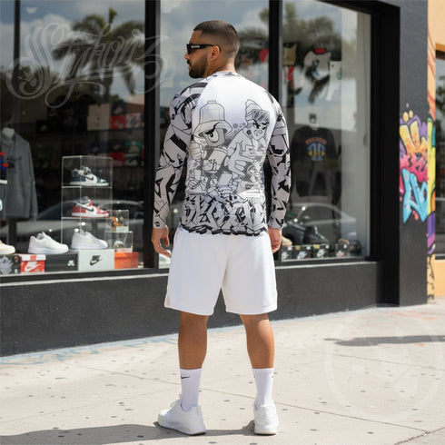 Men's Graffiti Rash Guard White Chromium NY Wildstyle feat El - Cappy & Buttonz | Hip - Hop Streetwear Rash Guard - Stykonz Graffiti Streetwear