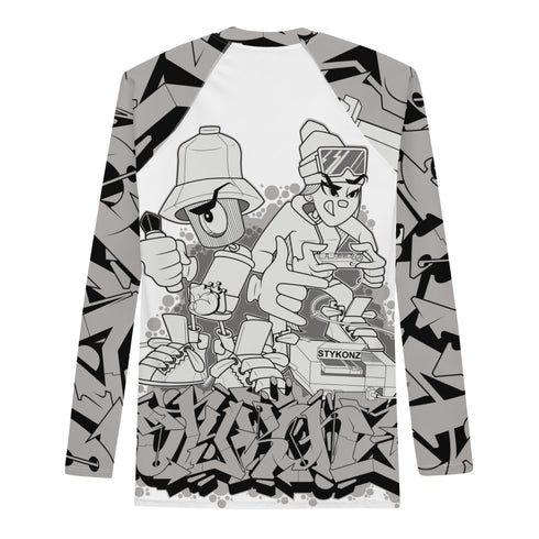 Men's Graffiti Rash Guard White Chromium NY Wildstyle feat El - Cappy & Buttonz | Hip - Hop Streetwear Rash Guard - Stykonz Graffiti Streetwear