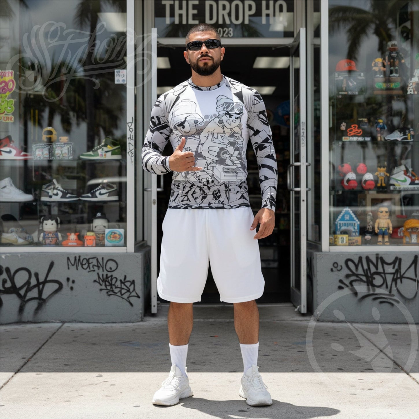 Men's Graffiti Rash Guard White Chromium NY Wildstyle feat El - Cappy & Buttonz | Hip - Hop Streetwear Rash Guard - Stykonz Graffiti Streetwear