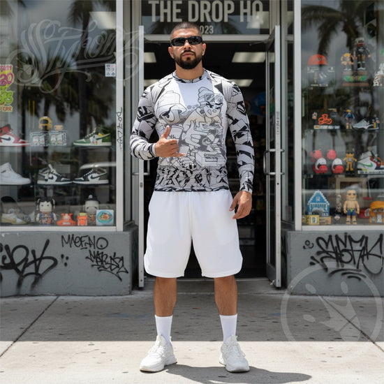 Men's Graffiti Rash Guard White Chromium NY Wildstyle feat El - Cappy & Buttonz | Hip - Hop Streetwear Rash Guard - Stykonz Graffiti Streetwear