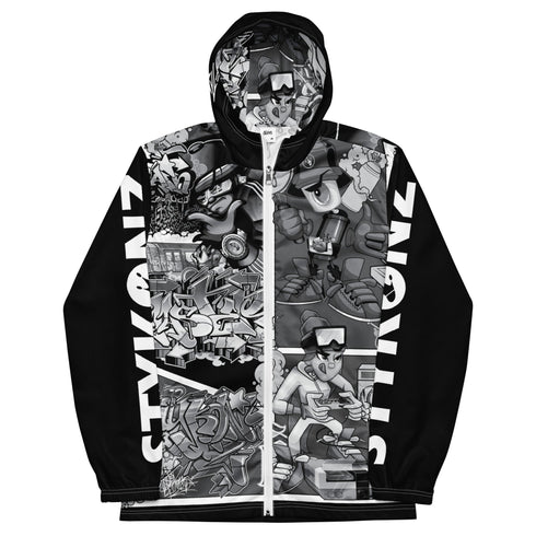 Men’s Graffiti Windbreaker Jacket – B&W Comic Stykonz 1 Hip - Hop Streetwear - Stykonz Graffiti Streetwear