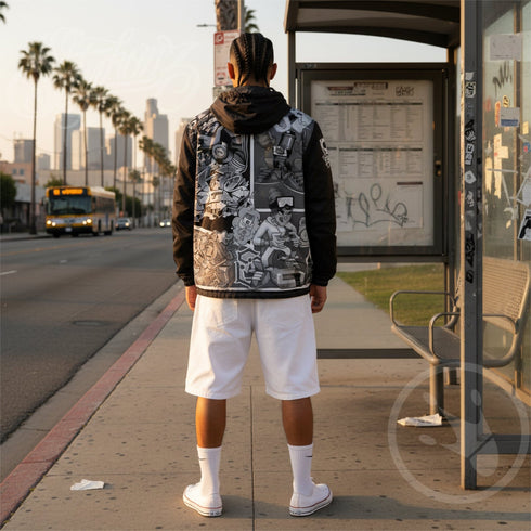 Men’s Graffiti Windbreaker Jacket – B&W Comic Stykonz 1 Hip - Hop Streetwear - Stykonz Graffiti Streetwear