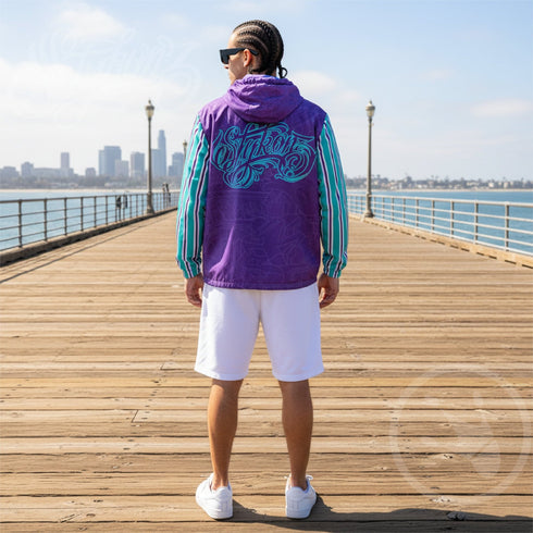 Men’s Graffiti Windbreaker Jacket – Candy Turquoise Script Hip - Hop Streetwear | Stykonz™ - Stykonz Graffiti Streetwear