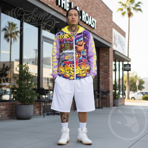 Men’s Graffiti Windbreaker Jacket – Purple “The Train Master” NY Wildstyle Hip - Hop Streetwear | Stykonz™ - Stykonz Graffiti Streetwear