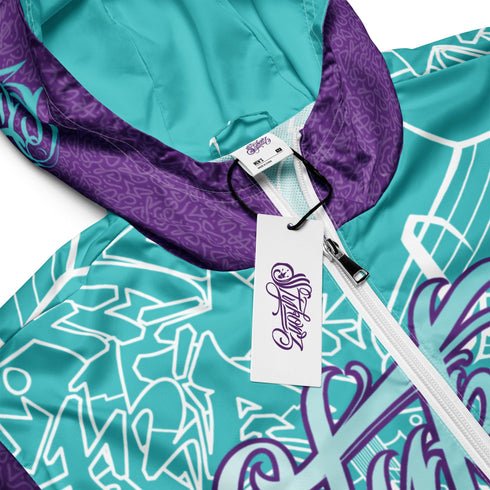 Men’s Graffiti Windbreaker Jacket – Turquoise Mix Script Hip - Hop Streetwear | Stykonz™ - Stykonz Graffiti Streetwear