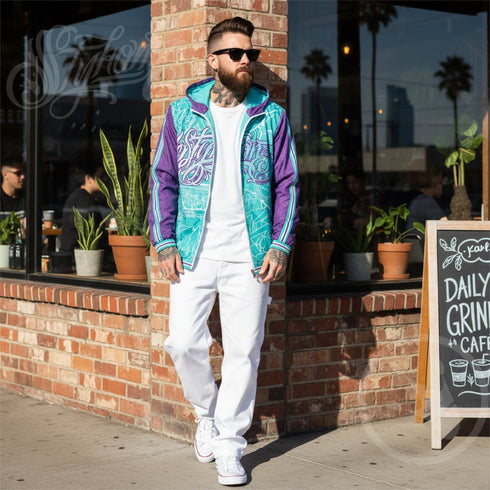 Men’s Graffiti Windbreaker Jacket – Turquoise Mix Script Hip - Hop Streetwear | Stykonz™ - Stykonz Graffiti Streetwear