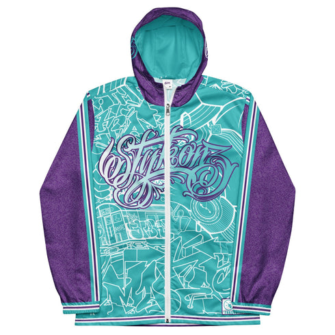 Men’s Graffiti Windbreaker Jacket – Turquoise Mix Script Hip - Hop Streetwear | Stykonz™ - Stykonz Graffiti Streetwear