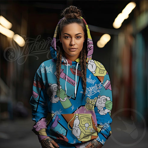 Women’s Graffiti AOP Hoodie – 90’s Elements Throw Ups and Tags | Hip - Hop Streetwear Hoodie - Stykonz Graffiti Streetwear