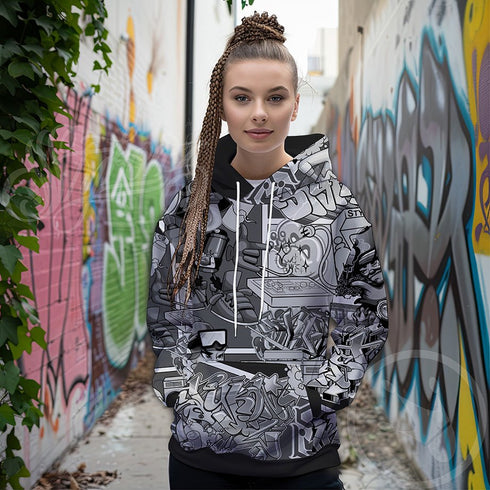 Women’s Graffiti AOP Hoodie – B&W Comic Stykonz 1 | Hip - Hop Streetwear Hoodie - Stykonz Graffiti Streetwear