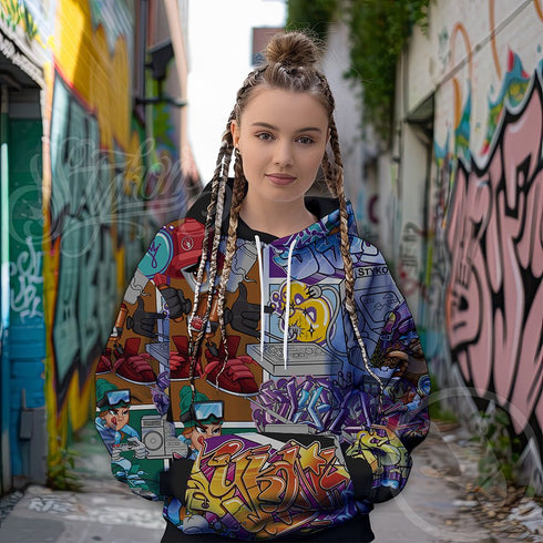 Women’s Graffiti AOP Hoodie – Comic Stykonz 1 | Hip - Hop Streetwear Hoodie - Stykonz Graffiti Streetwear