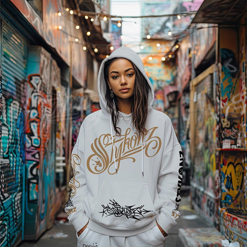 Women’s Graffiti AOP Hoodie – Gold & Black All Out Scriptkonz Tagz | Hip - Hop Streetwear Hoodie - Stykonz Graffiti Streetwear