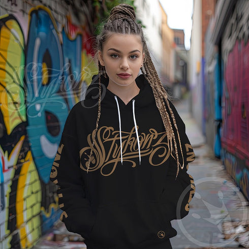 Women’s Graffiti AOP Hoodie – Gold Scriptkonz | Hip - Hop Streetwear Hoodie - Stykonz Graffiti Streetwear