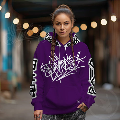 Women’s Graffiti AOP Hoodie – Stykonz Purple Style Master Tag | Hip - Hop Streetwear Hoodie - Stykonz Graffiti Streetwear