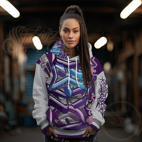 Women’s Graffiti AOP Hoodie – Stykonz Purple Wildstyle | Hip - Hop Streetwear Hoodie - Stykonz Graffiti Streetwear