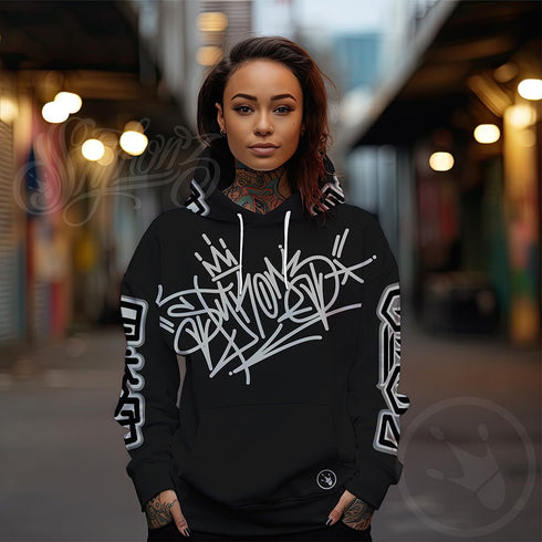 Women’s Graffiti AOP Hoodie – Stykonz White on Black Style Master Tag | Hip - Hop Streetwear Hoodie - Stykonz Graffiti Streetwear