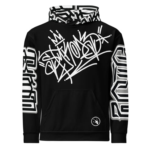 Women’s Graffiti AOP Hoodie – Stykonz White on Black Style Master Tag | Hip - Hop Streetwear Hoodie - Stykonz Graffiti Streetwear