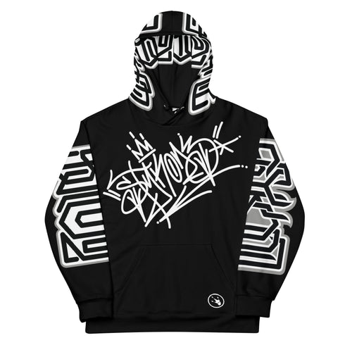 Women’s Graffiti AOP Hoodie – Stykonz White on Black Style Master Tag | Hip - Hop Streetwear Hoodie - Stykonz Graffiti Streetwear