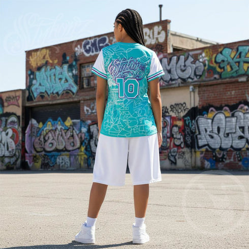 Women's Graffiti Athletic T-shirt feat Turquoise Mix Script - Stykonz Graffiti Streetwear
