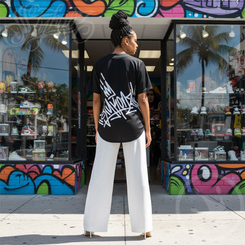 Women’s Graffiti Baseball Jersey – Black Style Master Tag | Hip - Hop Streetwear Jersey - Stykonz Graffiti Streetwear