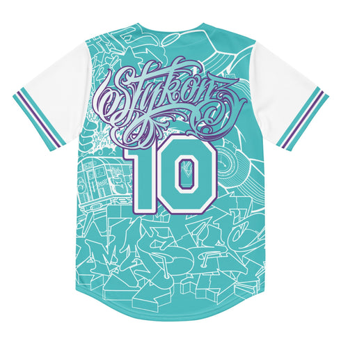 Women’s Graffiti Baseball Jersey – Turquoise Mix Script | Hip - Hop Streetwear Jersey - Stykonz Graffiti Streetwear