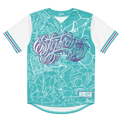 Women’s Graffiti Baseball Jersey – Turquoise Mix Script | Hip - Hop Streetwear Jersey - Stykonz Graffiti Streetwear