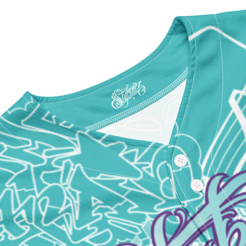 Women’s Graffiti Baseball Jersey – Turquoise Mix Script | Hip - Hop Streetwear Jersey - Stykonz Graffiti Streetwear