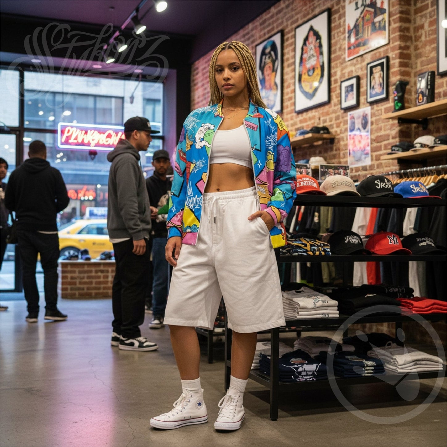 Women’s Graffiti Bomber Jacket – 90’s Elements Throw Ups & Tags | Hip - Hop Streetwear Jacket - Stykonz Graffiti Streetwear