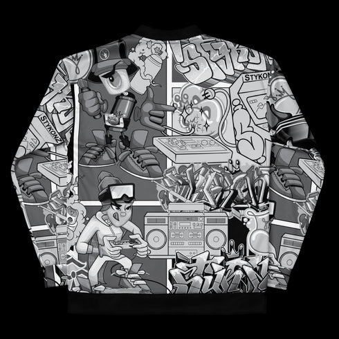 Women’s Graffiti Bomber Jacket – B&W Comic Stykonz 1 | Hip - Hop Streetwear Jacket - Stykonz Graffiti Streetwear