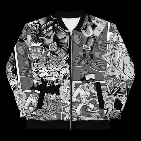 Women’s Graffiti Bomber Jacket – B&W Comic Stykonz 1 | Hip - Hop Streetwear Jacket - Stykonz Graffiti Streetwear