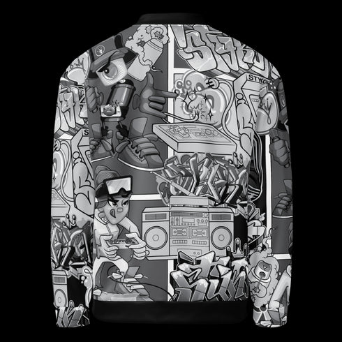 Women’s Graffiti Bomber Jacket – B&W Comic Stykonz 1 | Hip - Hop Streetwear Jacket - Stykonz Graffiti Streetwear