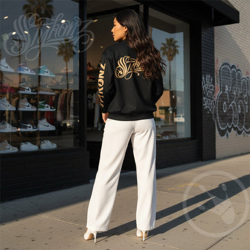 Women’s Graffiti Bomber Jacket – Gold Scriptkonz | Hip - Hop Streetwear Jacket - Stykonz Graffiti Streetwear