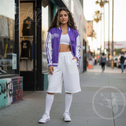 Women’s Graffiti Bomber Jacket – Stykonz Purple & White Throwup Script | Hip - Hop Streetwear Jacket - Stykonz Graffiti Streetwear