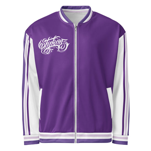 Women’s Graffiti Bomber Jacket – Stykonz Purple & White Throwup Script | Hip - Hop Streetwear Jacket - Stykonz Graffiti Streetwear