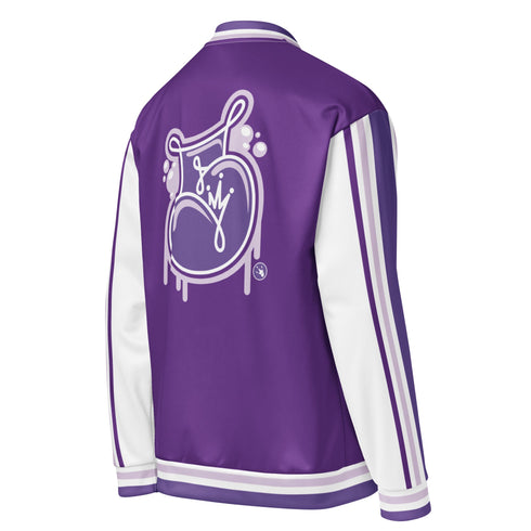Women’s Graffiti Bomber Jacket – Stykonz Purple & White Throwup Script | Hip - Hop Streetwear Jacket - Stykonz Graffiti Streetwear