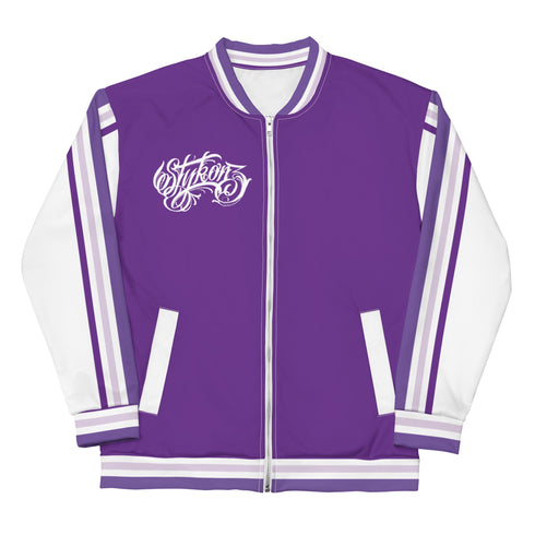 Women’s Graffiti Bomber Jacket – Stykonz Purple & White Throwup Script | Hip - Hop Streetwear Jacket - Stykonz Graffiti Streetwear