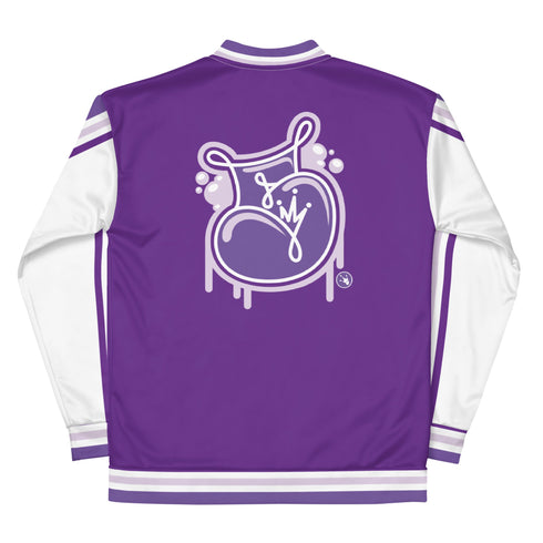 Women’s Graffiti Bomber Jacket – Stykonz Purple & White Throwup Script | Hip - Hop Streetwear Jacket - Stykonz Graffiti Streetwear