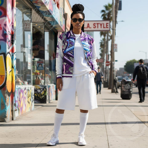 Women’s Graffiti Bomber Jacket – Stykonz Purple Wildstyle | Hip - Hop Streetwear Jacket - Stykonz Graffiti Streetwear
