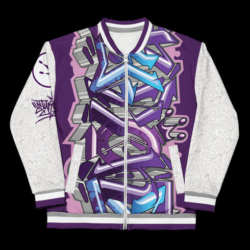 Women’s Graffiti Bomber Jacket – Stykonz Purple Wildstyle | Hip - Hop Streetwear Jacket - Stykonz Graffiti Streetwear