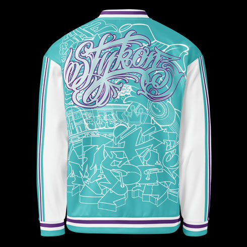 Women’s Graffiti Bomber Jacket – Stykonz Turquoise Mix Script | Hip - Hop Streetwear Jacket - Stykonz Graffiti Streetwear