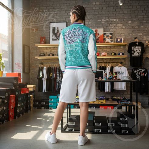 Women’s Graffiti Bomber Jacket – Stykonz Turquoise Mix Script | Hip - Hop Streetwear Jacket - Stykonz Graffiti Streetwear