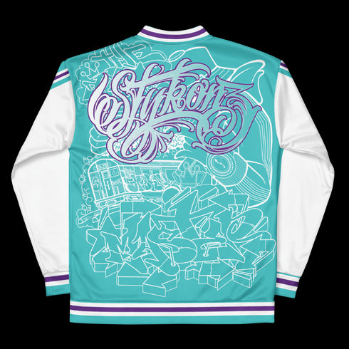 Women’s Graffiti Bomber Jacket – Stykonz Turquoise Mix Script | Hip - Hop Streetwear Jacket - Stykonz Graffiti Streetwear