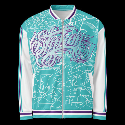 Women’s Graffiti Bomber Jacket – Stykonz Turquoise Mix Script | Hip - Hop Streetwear Jacket - Stykonz Graffiti Streetwear